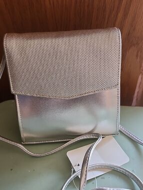 KMQ Collections Metallic Silver Crossbody Bag with Textured Flap